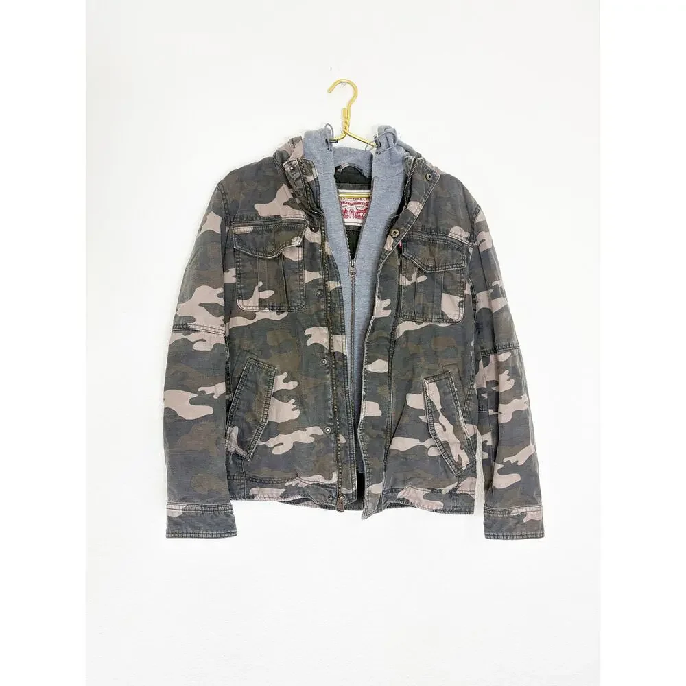 Levi's Men's Washed Cotton Hooded Military Jacket Size Small Camouflage Dickie